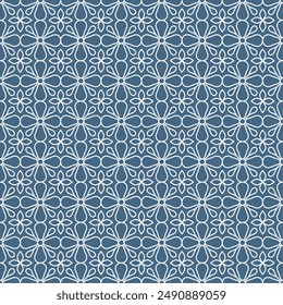 Seamless floral pattern with simple four-petal leaf shapes on denim blue background. Suitable for various design purposes of textiles, tiles, wallpapers, backgrounds, etc.