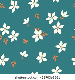 Seamless floral pattern, simple graphic ditsy print with white flowers on a dark background. Cute botanical design with a winter motif: small hand drawn flowers bouquets, leaves on blue. Vector.