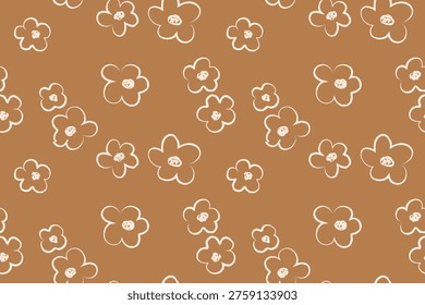 Seamless floral pattern with simple hand drawn flowers on warm light brown background. Soft boho color palette and minimal brush style create a cozy modern repeat for packaging, textiles, kids products and wallpaper.
