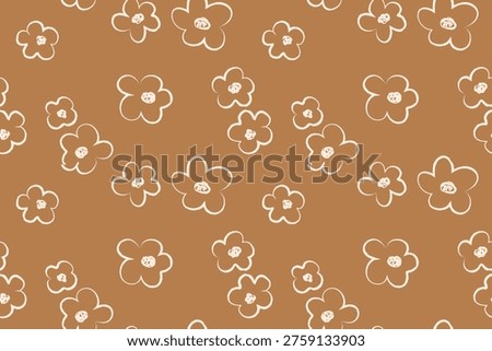 Seamless floral pattern with simple hand drawn flowers on warm light brown background. Soft boho color palette and minimal brush style create a cozy modern repeat for packaging, textiles, kids products and wallpaper.