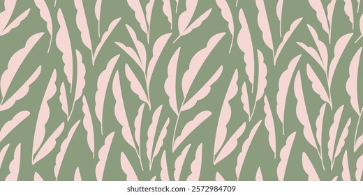 Seamless floral pattern with simple leaves. Green and and background with abstract plants silhouette. Decorative botanical pattern. Stems with leaves