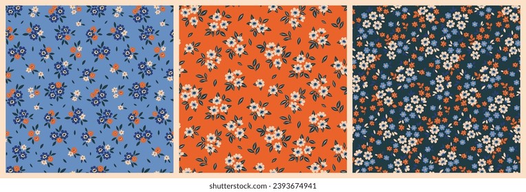 Patrón floral sin brillo, simple colección de impresiones de color marrón con mini daisies. Diseño botánico, superficie floral abstracta: flores dibujadas a mano, hojas, pequeños ramos. Ilustración vectorial.