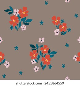 Seamless floral pattern, simple liberty ditsy print, abstract ornament in folk vintage motif. Cute botanical tile design: tiny hand drawn red flowers, small leaves on brown. Vector illustration.