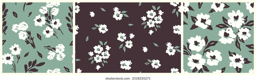 Seamless floral pattern, simple liberty ditsy print, abstract ornament of pretty plants. Cute botanical design: small hand drawn flowers, tiny leaves, bouquets in natural colors. Vector illustration.