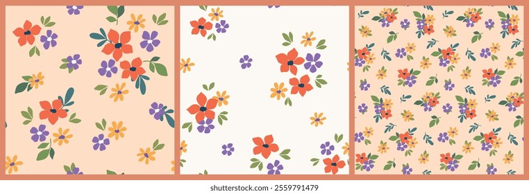 Seamless floral pattern, simple liberty ditsy print in collection. Cute botanical design: small hand drawn daisy flowers, tiny leaves, pretty mini bouquets in abstract composition. Vector illustration