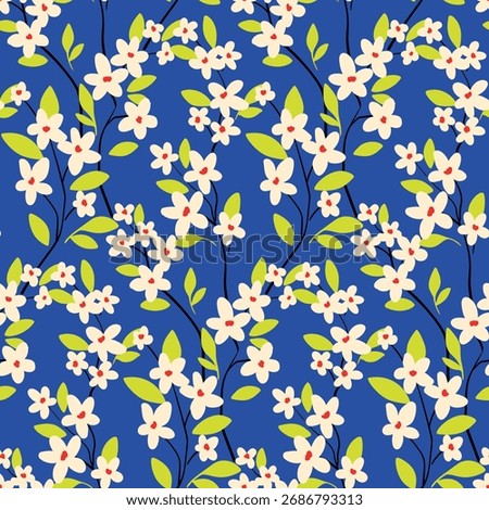 Seamless floral pattern, a simple liberty ditsy print of tiny pretty twigs. Cute botanical design of thin tree branches, small white flowers, leaves on blue surface. Vector illustration.