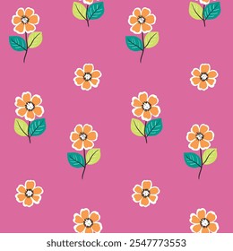 Seamless floral pattern, simple floral ornament with hand drawn decorative art plants. Simple cute botanical design, ditsy print: large orange flowers, leaves on pink background. Vector illustration.