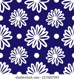 Seamless floral pattern. Simple outline vector illustration. Graphic fabric print template. Doodle vintage background. Scrapbook or wrapping paper. White camomile flowers on blue background.