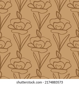 Patrón floral sin foco. Ilustración simple del vector de contorno. Plantilla de impresión de tejido gráfico. La línea del doodle es fondo marrón con flores. Papel de cartón o envoltura.