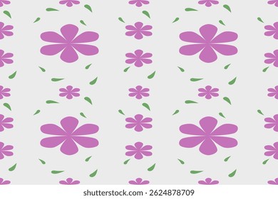 Seamless floral pattern with simple pink flowers and green leaves on a soft white background. Minimalist, playful, and ideal for fabric, wallpaper, and stationery design.