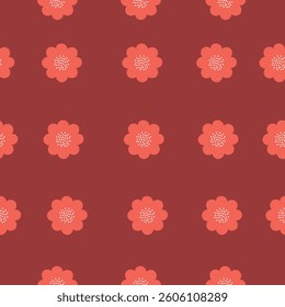 Seamless floral pattern with simple red flowers on a dark red background. Minimalistic and elegant spring texture.