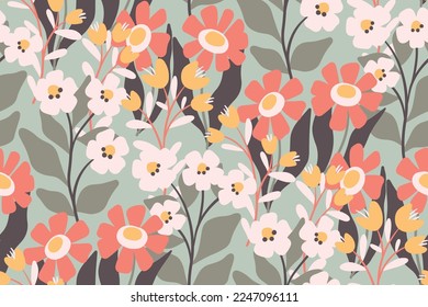 Seamless floral pattern with a simple retro garden style. Cute flower print, pretty botanical design with hand drawn wild plants: decorative flowers, leaves on gray background. Vector illustration.