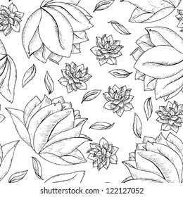 Seamless floral pattern with simple sketch flowers and leafs