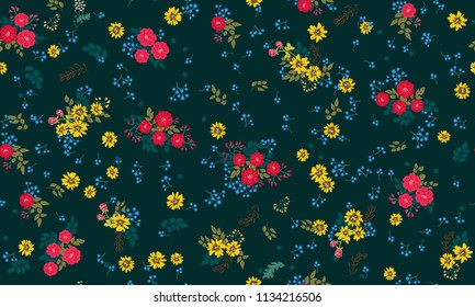 Seamless floral pattern with simple small flowers. Folk style millefleurs. Plant background for textile, wallpaper, covers, surface, print, wrap, scrapbooking, decoupage. 