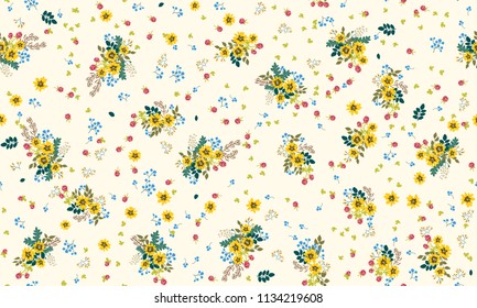 Seamless floral pattern with simple small flowers. Folk style millefleurs. Plant background for textile, wallpaper, covers, surface, print, wrap, scrapbooking, decoupage. 