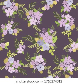 Seamless floral pattern with simple small flowers. Folk style millefleurs. Plant background for textile, wallpaper, covers, surface, print, wrap, scrapbooking, decoupage. 
