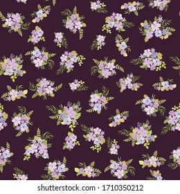 Seamless floral pattern with simple small flowers. Folk style millefleurs. Plant background for textile, wallpaper, covers, surface, print, wrap, scrapbooking, decoupage. 