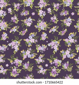 Seamless floral pattern with simple small flowers. Folk style millefleurs. Plant background for textile, wallpaper, covers, surface, print, wrap, scrapbooking, decoupage. 