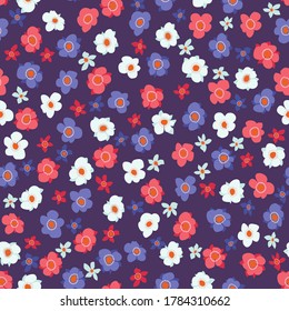 Seamless floral pattern with simple small flowers. Folk style millefleurs. Plant background for textile, wallpaper, covers, surface, print, wrap, scrapbooking, decoupage. 