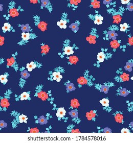 Seamless floral pattern with simple small flowers. Folk style millefleurs. Plant background for textile, wallpaper, covers, surface, print, wrap, scrapbooking, decoupage. 
