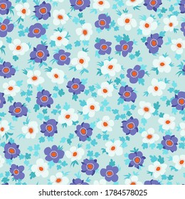 Seamless floral pattern with simple small flowers. Folk style millefleurs. Plant background for textile, wallpaper, covers, surface, print, wrap, scrapbooking, decoupage. 