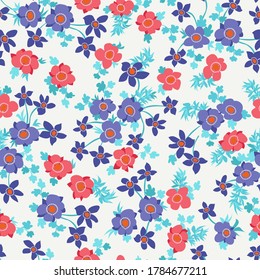 Patrón floral sin foco con flores pequeñas simples. Millefleurs al estilo popular. Fondo de planta para textiles, papel pintado, cubiertas, superficie, impresión, envoltura, scrapbooking, desacoplamiento. 