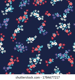 Seamless floral pattern with simple small flowers. Folk style millefleurs. Plant background for textile, wallpaper, covers, surface, print, wrap, scrapbooking, decoupage. 