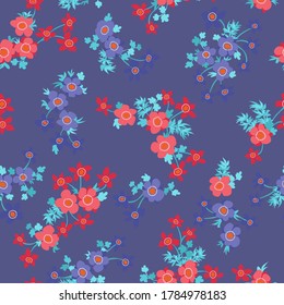 Seamless floral pattern with simple small flowers. Folk style millefleurs. Plant background for textile, wallpaper, covers, surface, print, wrap, scrapbooking, decoupage. 