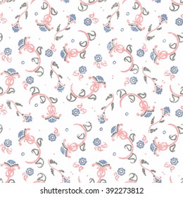 Seamless floral pattern. Simple vintage ornament. Cute print fabric. Blue, gray and pink color on a white background. Vector illustration.