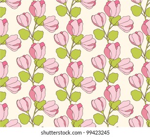 Seamless floral pattern with simple vintage flowers and leafs