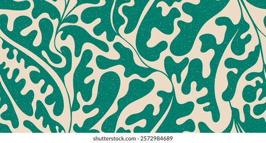 Seamless floral pattern with simple wavy leaves and grainy texture. Green and and background with abstract plants silhouette. Decorative botanical pattern. Vintage texture