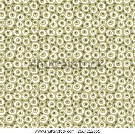 Seamless floral pattern with simple white flowers and green leaves on beige background.