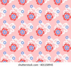 Seamless floral pattern of six blue flowers around a red flower on pink background.
