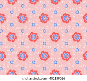 Seamless floral pattern of six blue flowers around a red flower with hearts contour on pink background.
