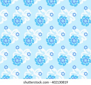 Seamless floral pattern of six blue flowers around a blue flower on turquoise background.