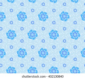 Seamless floral pattern of six blue flowers around a blue flower with three hearts contour on turquoise background.