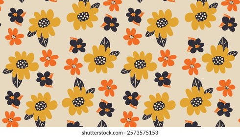 Seamless floral pattern in sixties style for packaging, textile, wallpaper. Autumn and summer motif. Background image for decoration. EPS10