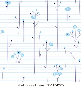Seamless floral pattern. Sketch of a blue wildflowers on the striped notebook sheet background. Vector.