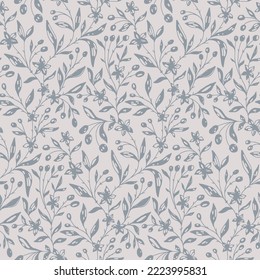 Seamless floral pattern, sketch ditsy print with hand drawn branches on a light blue background. Simple flower design with painted wild plant: small flowers, leaves on branches. Vector illustration.