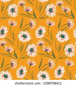 Seamless floral pattern with sketch plants on a yellow background. Abstract composition with hand drawn plants, lush white flowers, leaves on stems. Print design for fabric or paper. Vector.