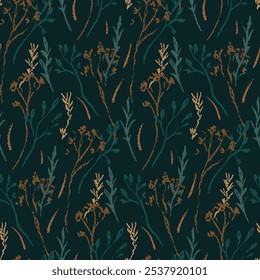 Seamless floral pattern with sketch plants in natural autumn colors. Botanical design, abstract print: hand drawn small flowers branches, leaves, twigs, dry plants. Elegant cover, vector illustration.