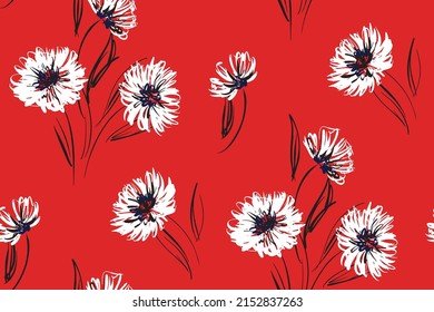 Seamless floral pattern in sketch style. Free composition with white flowers, lush buds, leaves on a red background. Elegant botanical print. Vector illustration.