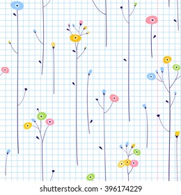 Seamless floral pattern. Sketch of wildflowers on the notebook sheet in a cage. Vector background.