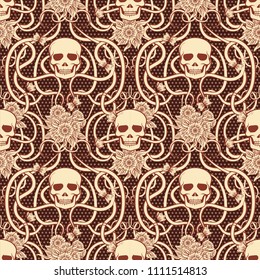 Seamless floral pattern with skull in art nouveau style, vector illustration