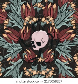 Seamless floral pattern with skull. Vector illustration of a spring bouquet. Botany. Graphic drawing. A magical pattern.