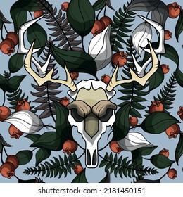 Seamless floral pattern with skull. Vector illustration of a spring bouquet. Botany. Graphic drawing. A magical pattern. Halloween. Berries, fern, deer, skull.