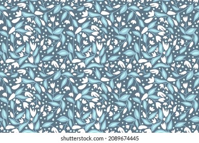 Seamless floral pattern in sky blue, white and navy slate. All over abstract botanical print.