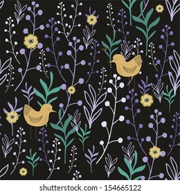 Seamless floral pattern with sleepy birds