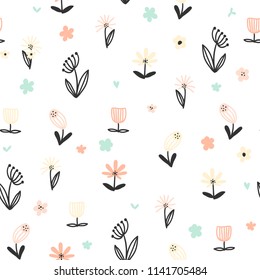 Seamless floral pattern with small abstract flowers on white background. Simple flower vector background.