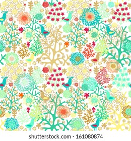 Seamless floral pattern with small birds